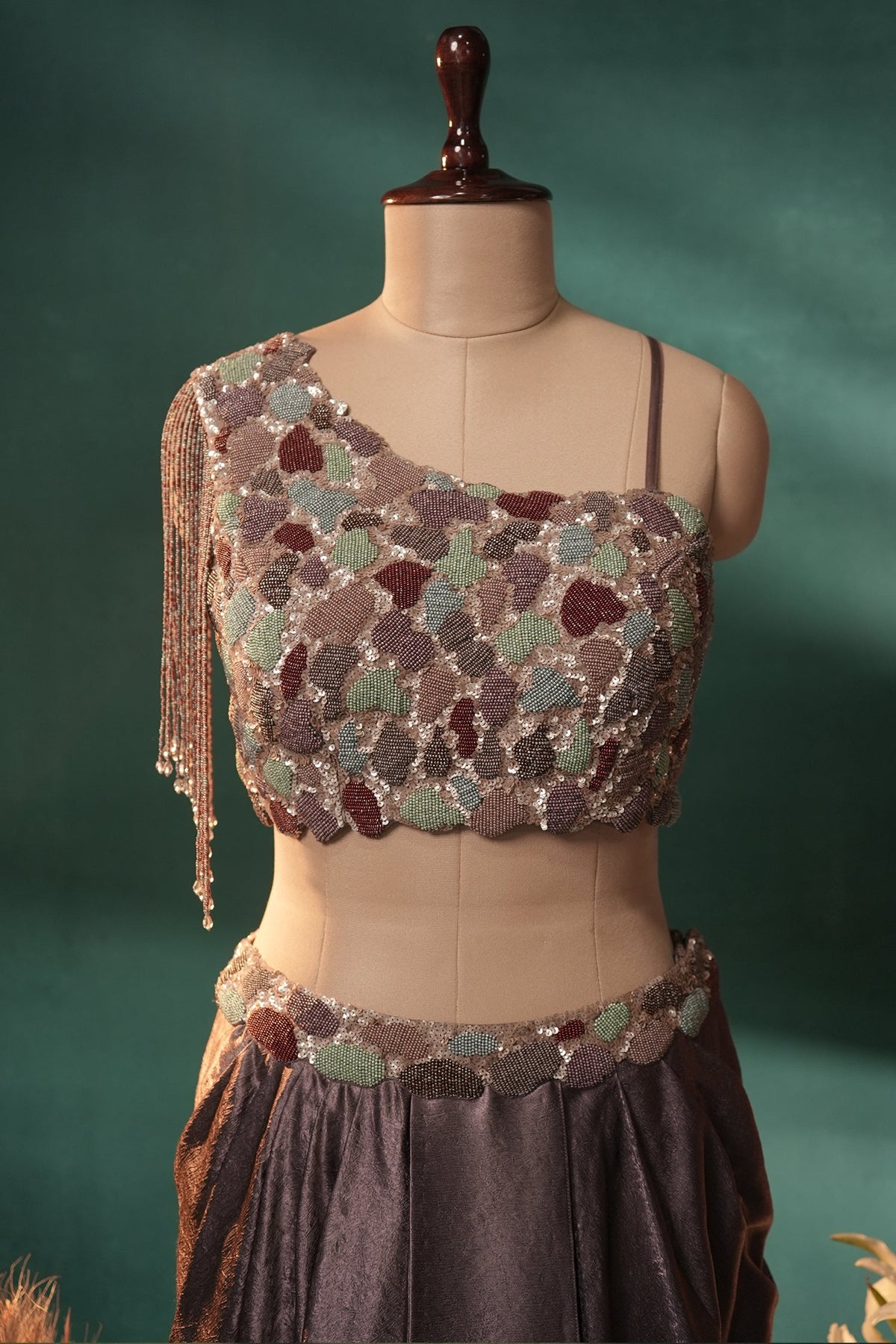 Dusky Purple Organza One Shoulder Crop Top Dhoti Skirt Set with Beaded Fringe Detailing - purple organza saree