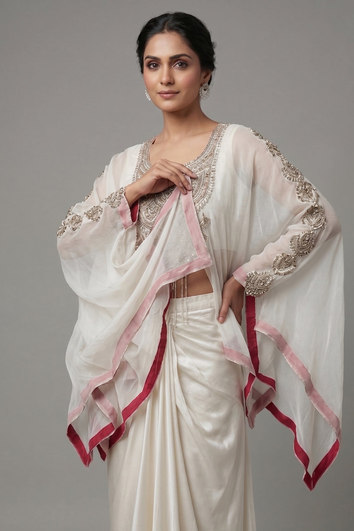 Off White Georgette Organza Asymmetric Sequinned Top and Dhoti Skirt Set - white georgette saree