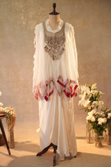 Off White Georgette Organza Asymmetric Sequinned Top and Dhoti Skirt Set