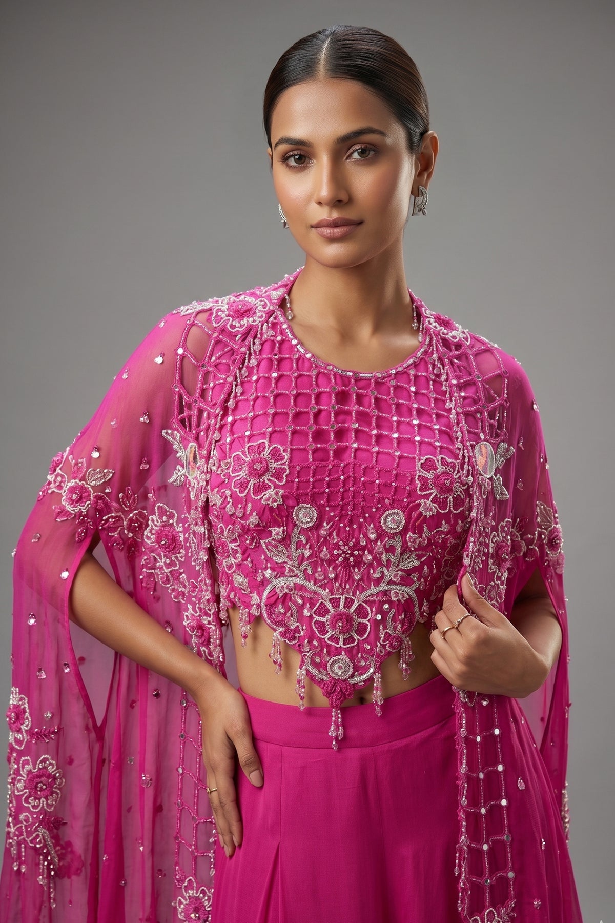 Pink Silk Cutwork Mirror Beaded Crop Top Palazzo Set with Jacket - pink silk saree