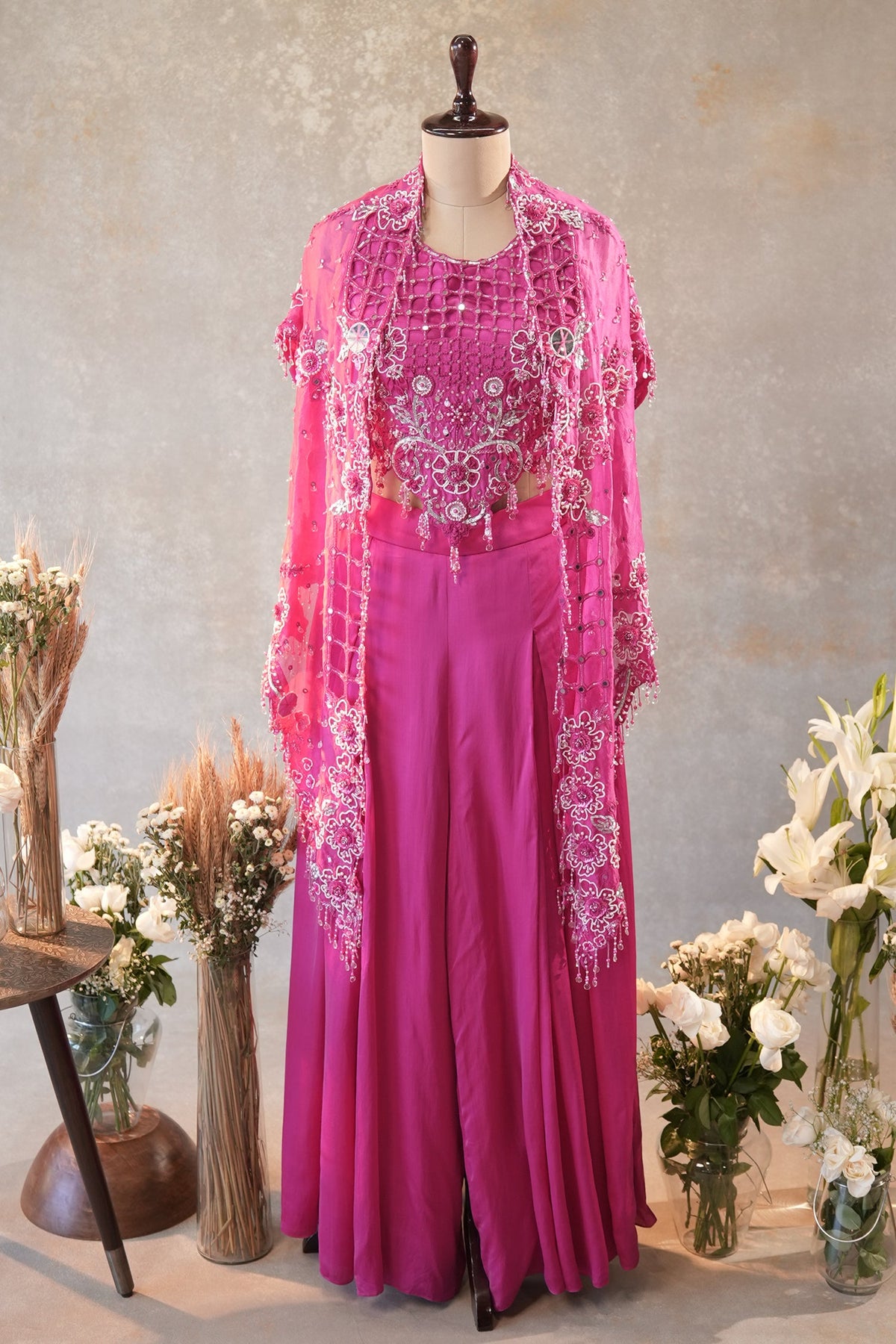 Pink Silk Cutwork Mirror Beaded Crop Top Palazzo Set with Jacket - pink silk saree