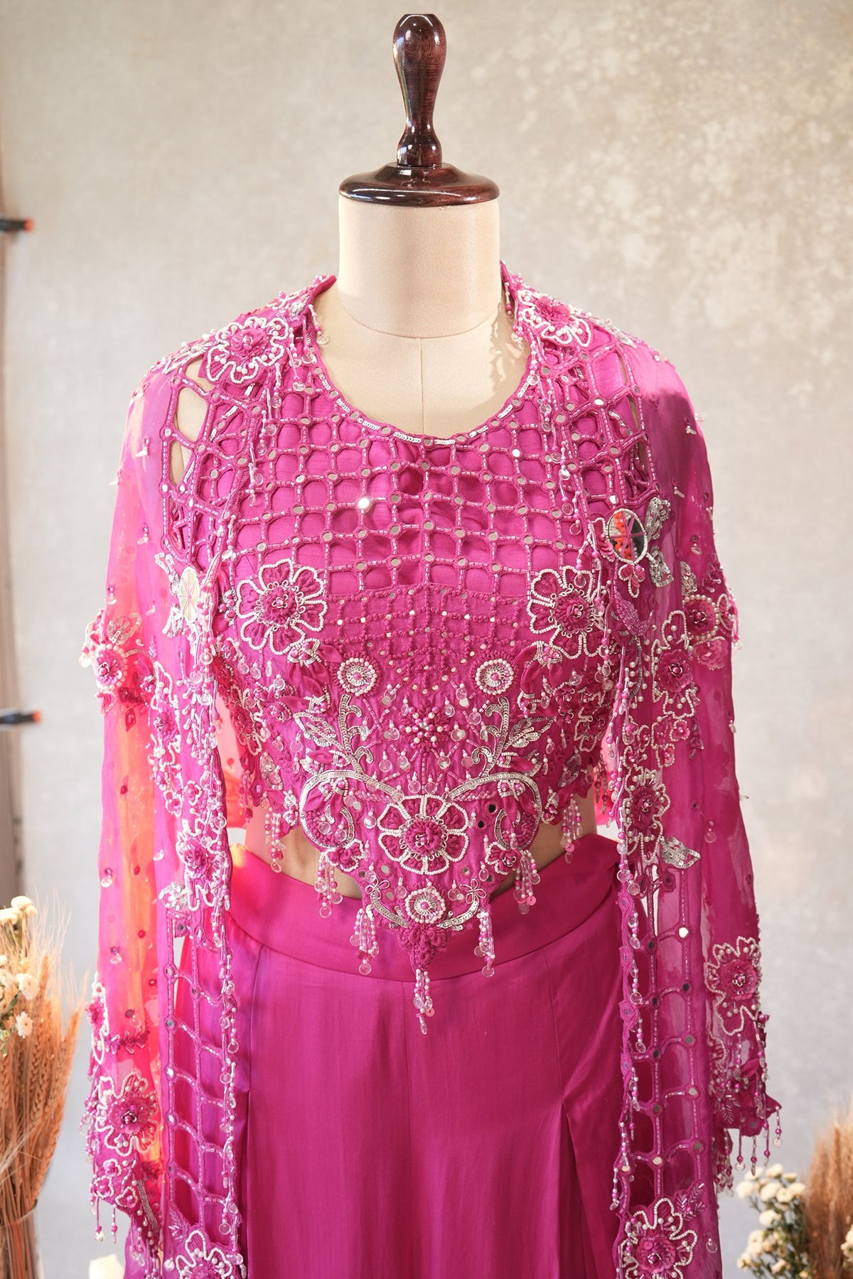 Pink Silk Cutwork Mirror Beaded Crop Top Palazzo Set with Jacket - pink silk saree