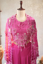 Pink Silk Cutwork Mirror Beaded Crop Top Palazzo Set with Jacket - pink silk saree