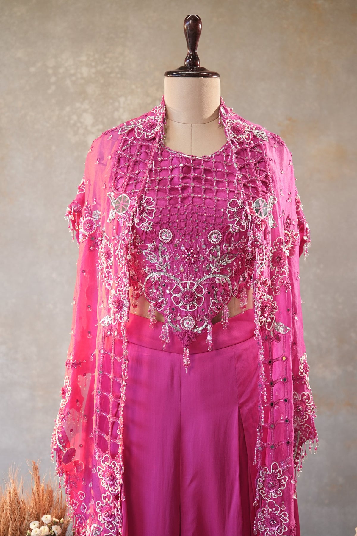 Pink Silk Cutwork Mirror Beaded Crop Top Palazzo Set with Jacket - pink silk saree