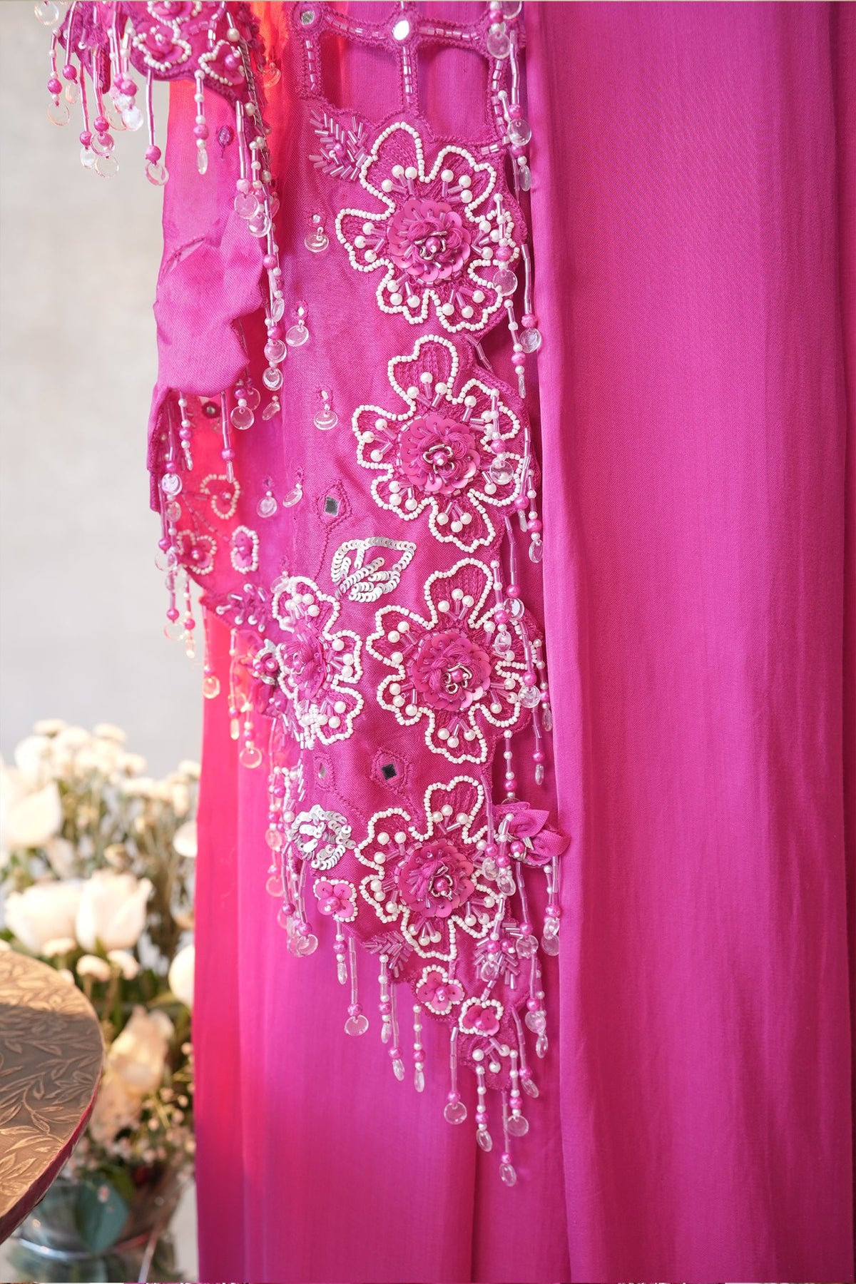 Pink Silk Cutwork Mirror Beaded Crop Top Palazzo Set with Jacket - pink silk saree