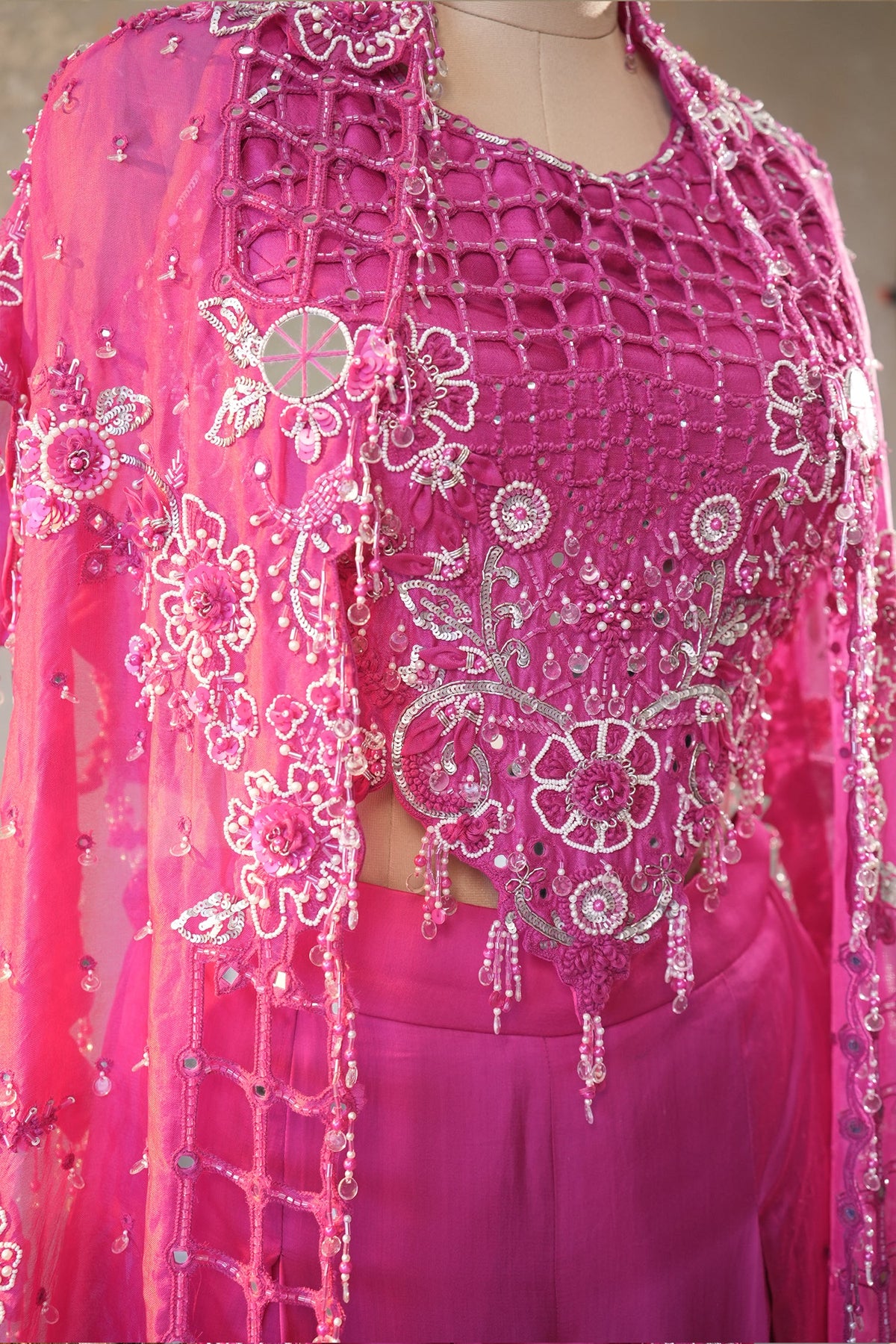Pink Silk Cutwork Mirror Beaded Crop Top Palazzo Set with Jacket - pink silk saree