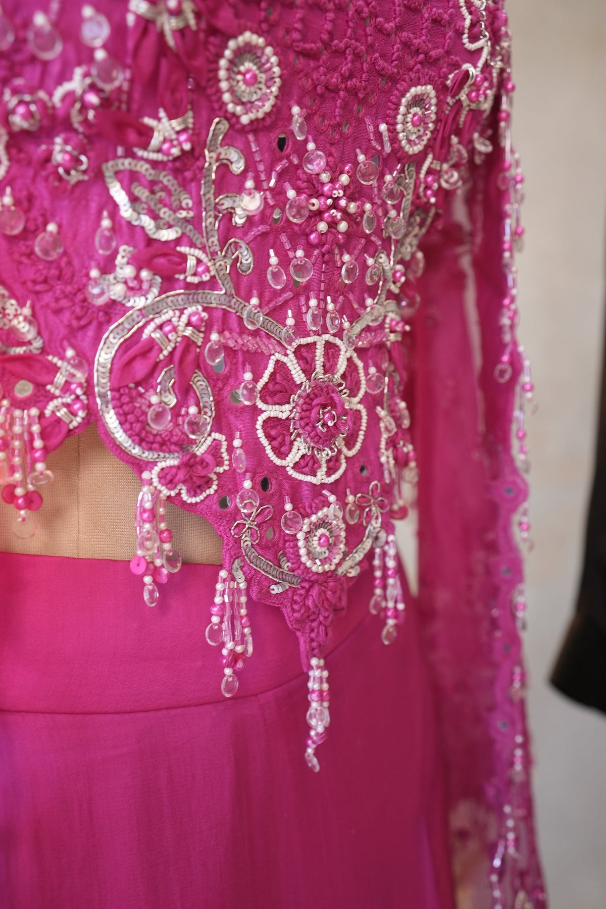 Pink Silk Cutwork Mirror Beaded Crop Top Palazzo Set with Jacket - pink silk saree