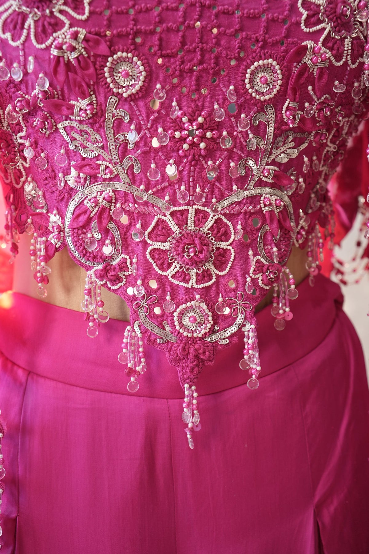 Pink Silk Cutwork Mirror Beaded Crop Top Palazzo Set with Jacket - pink silk saree