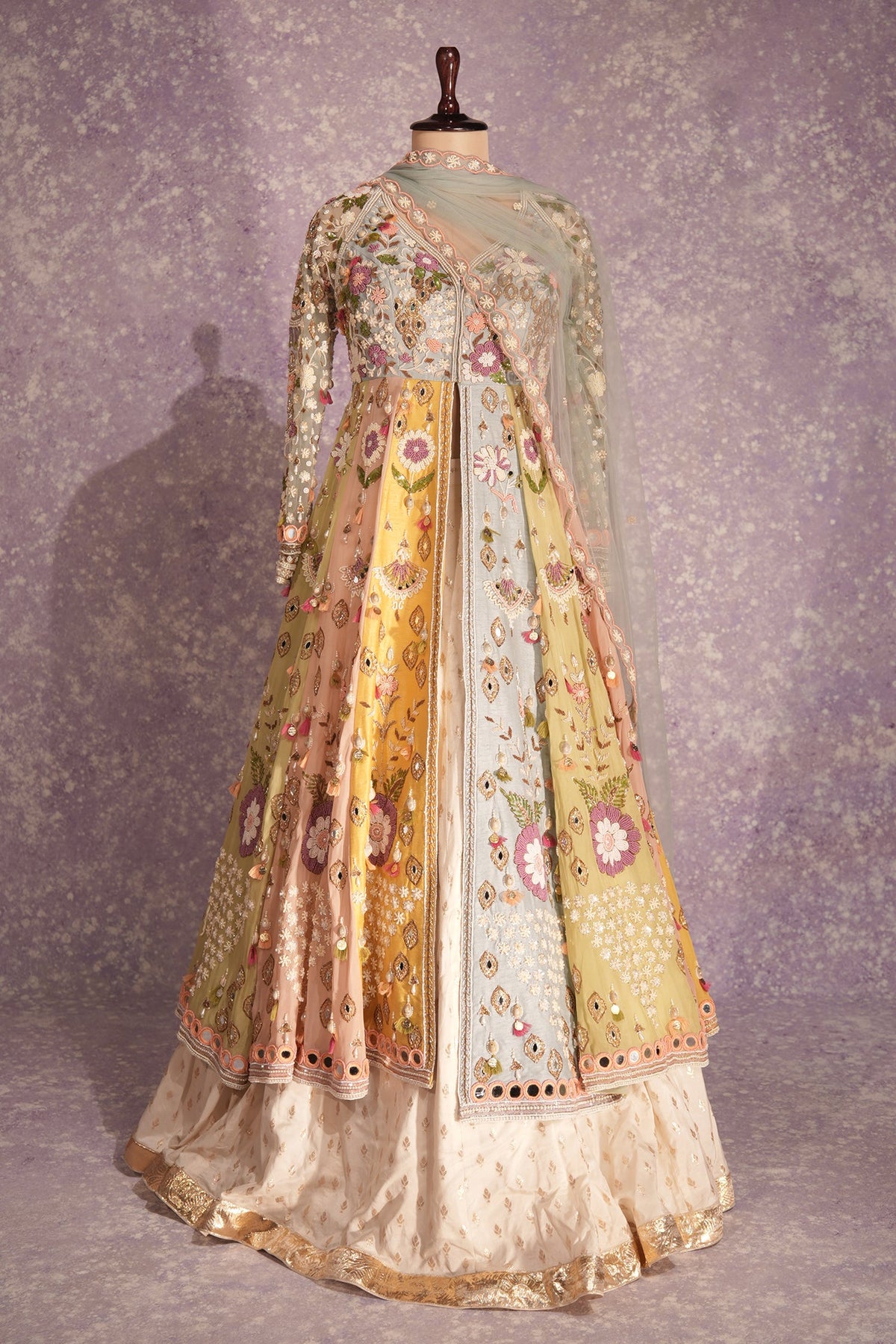 Mult Colored Organza Designer Handworked Slit Cut Lehenga Suit