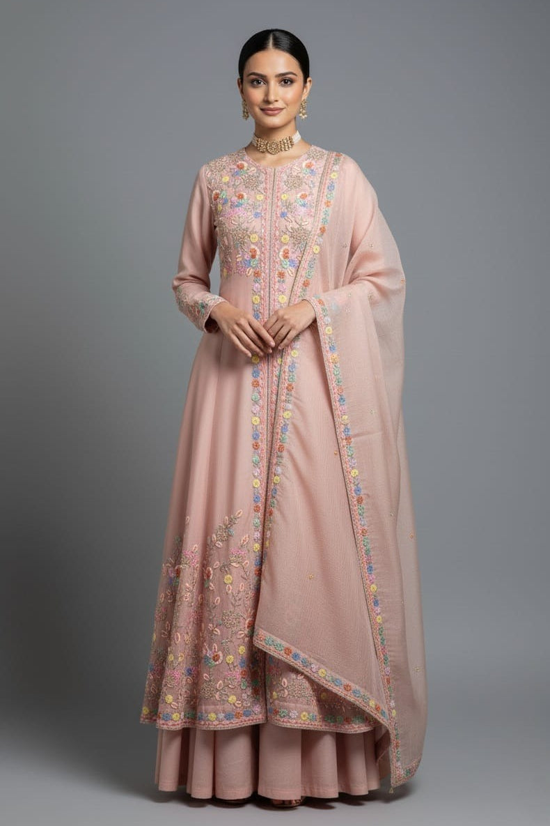 Light Pink Tissue Beaded and Sequin Worked Slit Cut Palazzo Suit - pink saree Main image