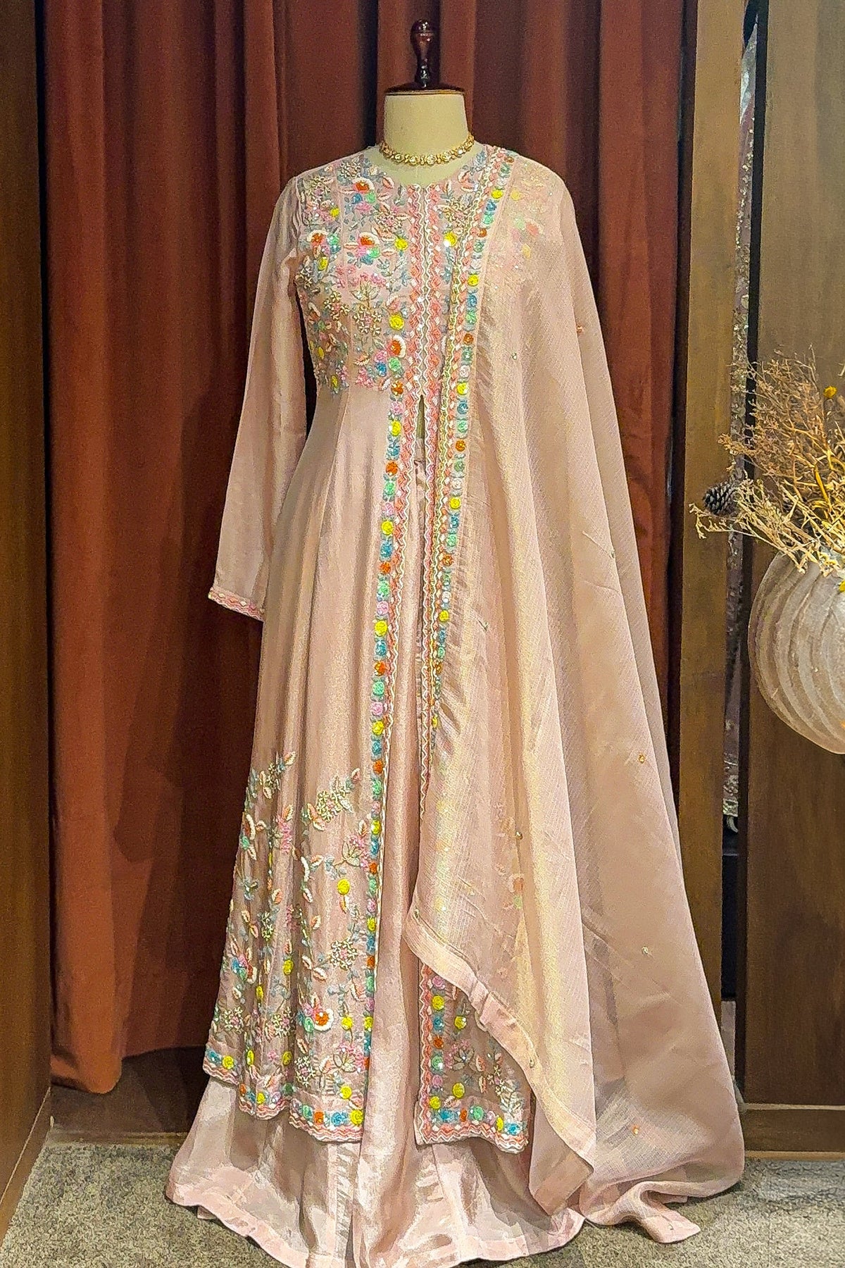 Light Pink Tissue Beaded and Sequin Worked Slit Cut Palazzo Suit - pink saree