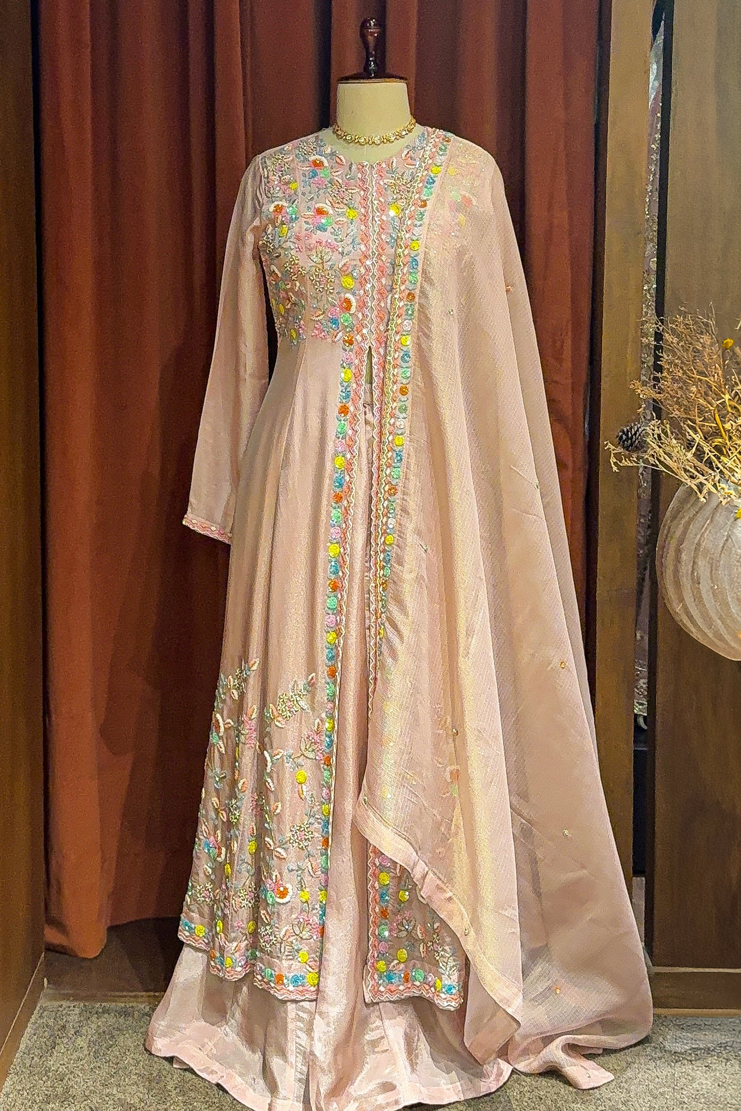 Light Pink Tissue Beaded and Sequin Worked Slit Cut Palazzo Suit - pink saree