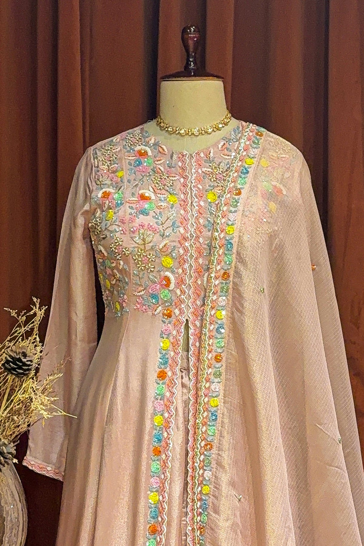 Light Pink Tissue Beaded and Sequin Worked Slit Cut Palazzo Suit - pink saree