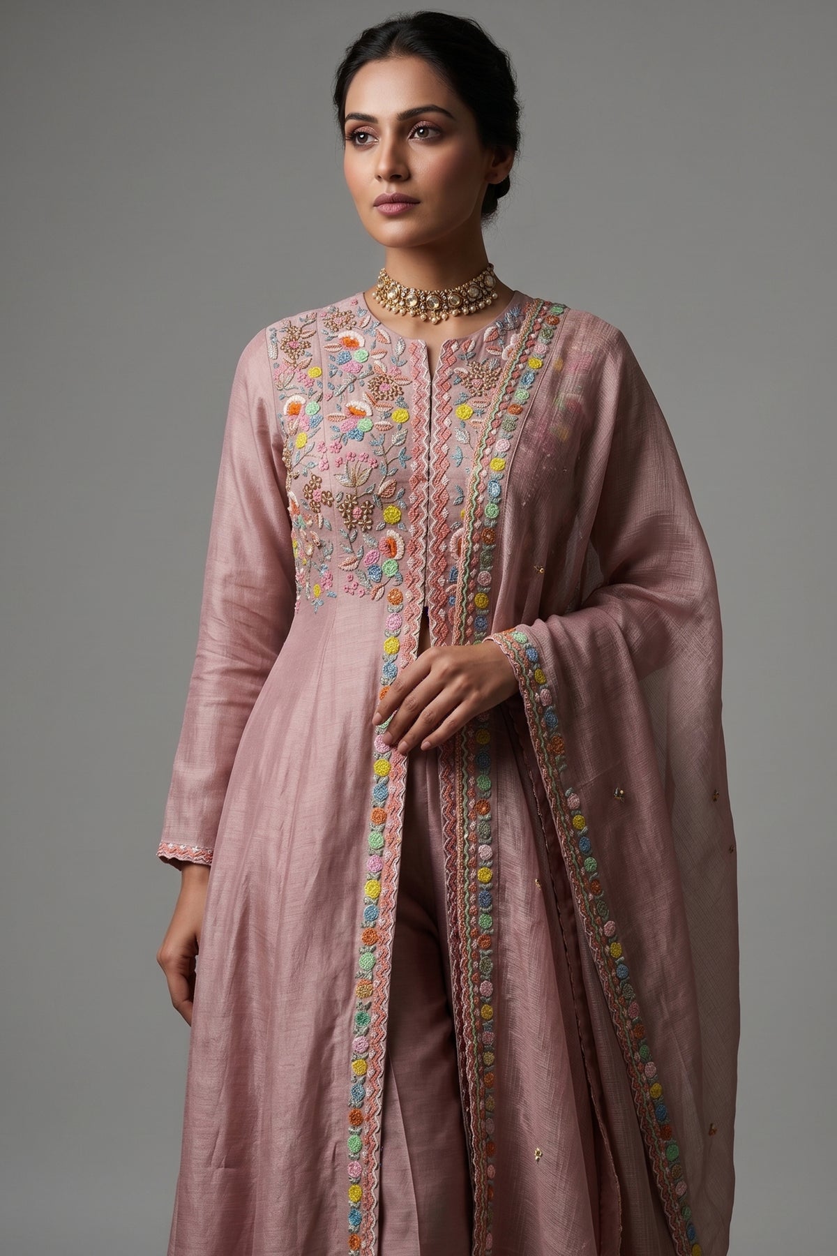 Light Pink Tissue Beaded and Sequin Worked Slit Cut Palazzo Suit - pink saree