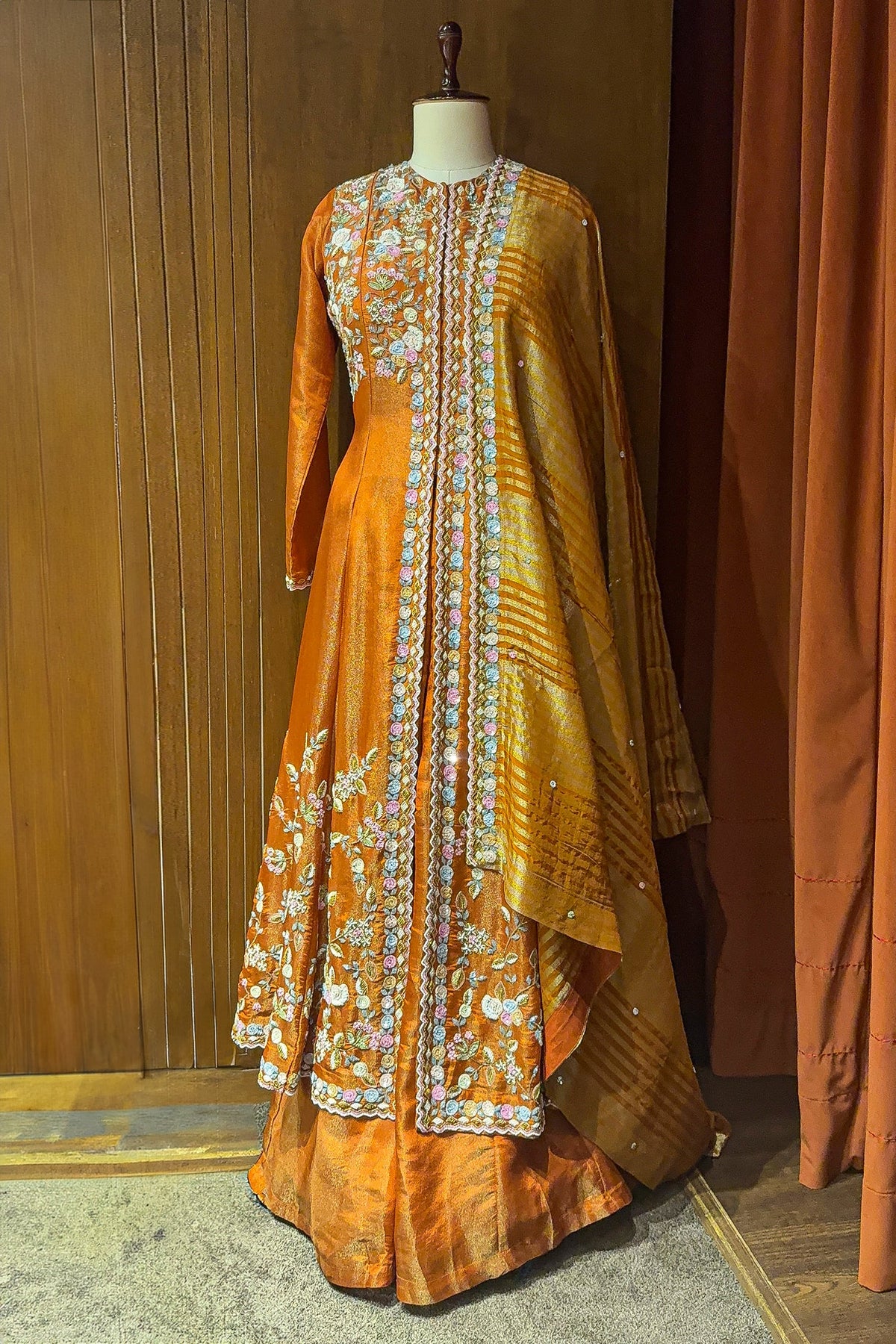 Rust Orange Tissue Beaded and Sequin Worked Slit Cut Palazzo Suit - orange saree