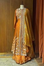 Rust Orange Tissue Beaded and Sequin Worked Slit Cut Palazzo Suit - orange saree