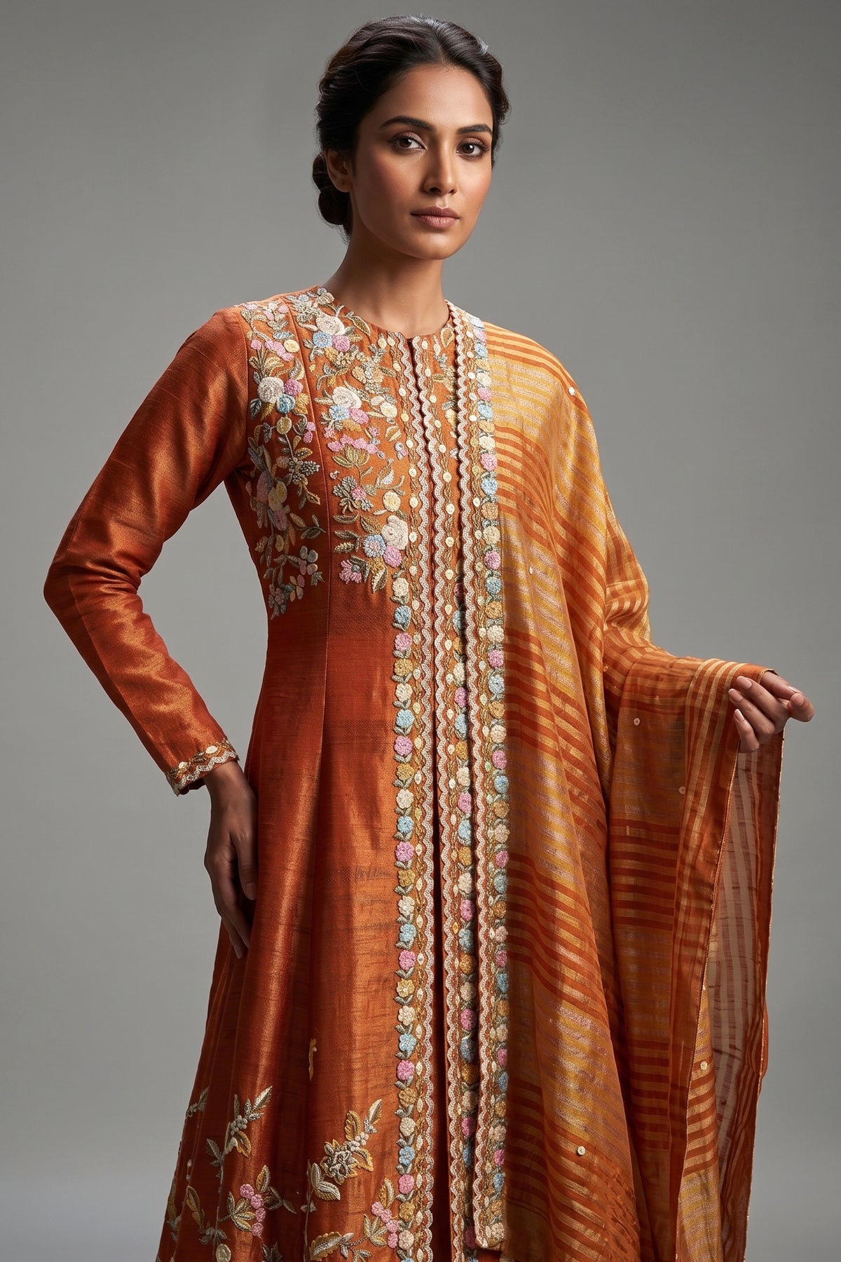 Rust Orange Tissue Beaded and Sequin Worked Slit Cut Palazzo Suit - orange saree
