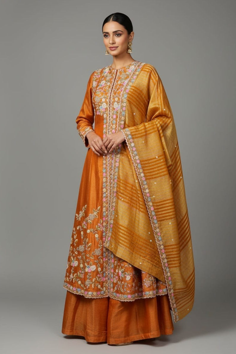 Rust Orange Tissue Beaded and Sequin Worked Slit Cut Palazzo Suit - orange saree