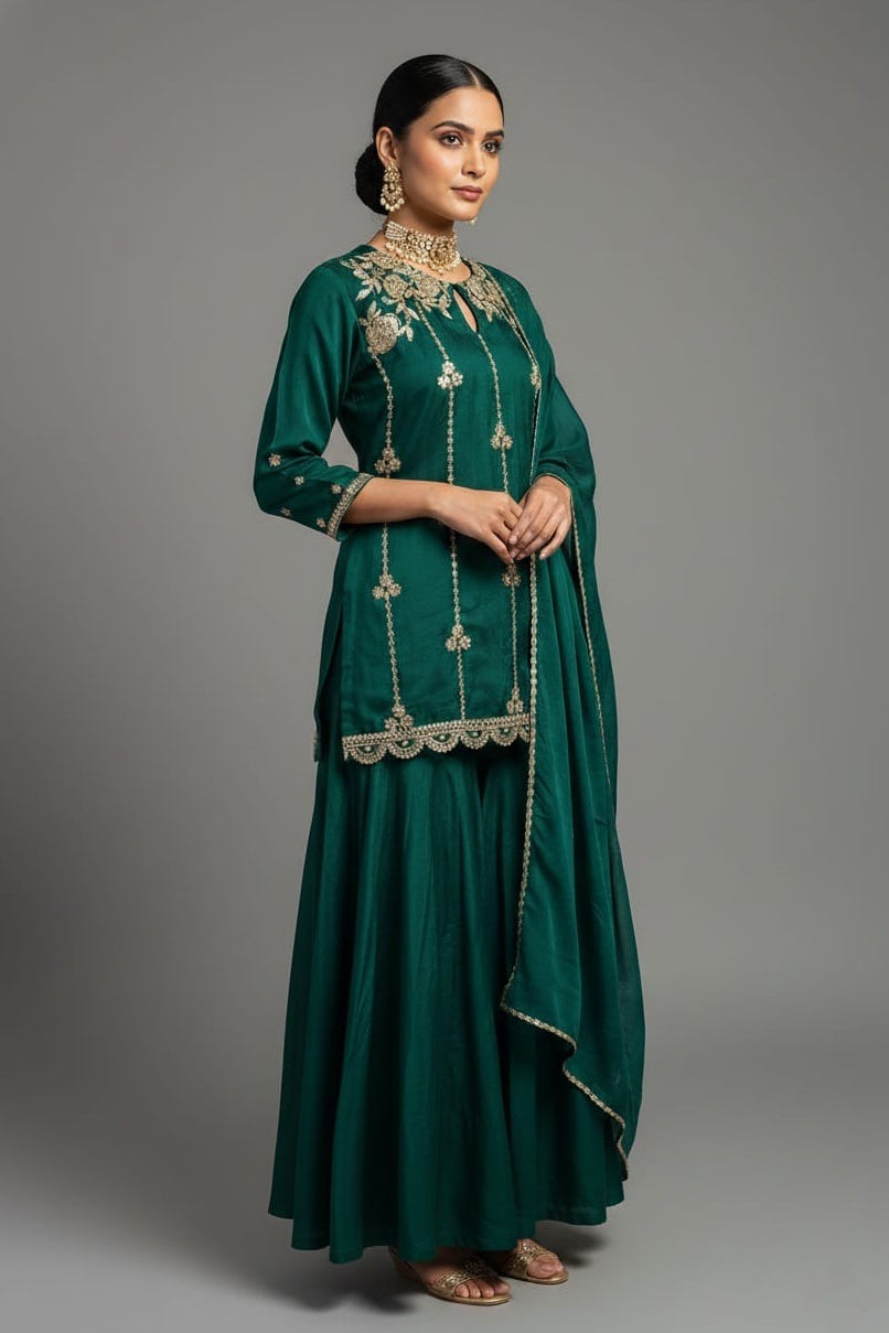 Bottle Green Satin Organza Gota Worked Lehenga Suit - green satin saree Main image