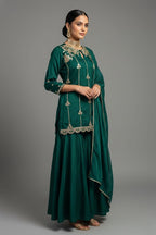 Bottle Green Satin Organza Gota Worked Lehenga Suit - green satin saree