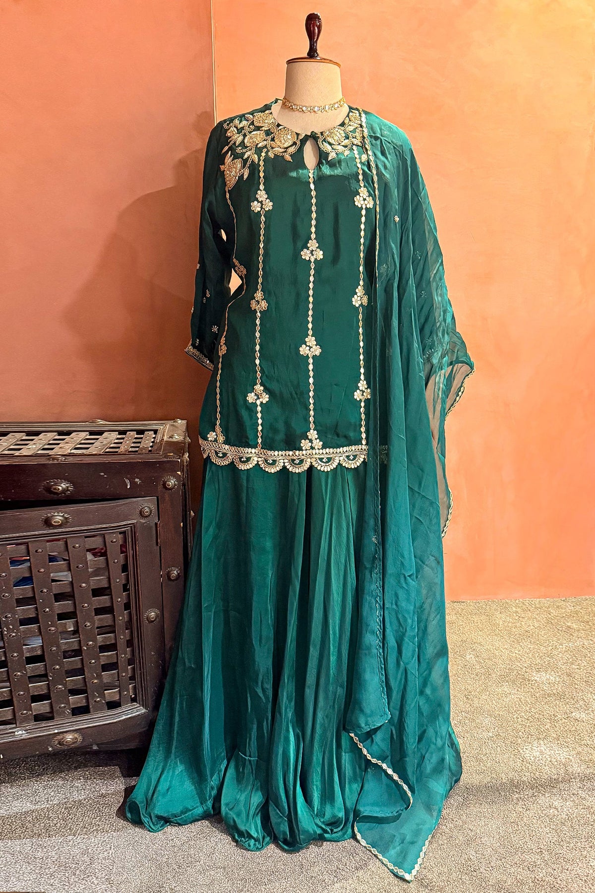 Bottle Green Satin Organza Gota Worked Lehenga Suit - green satin saree