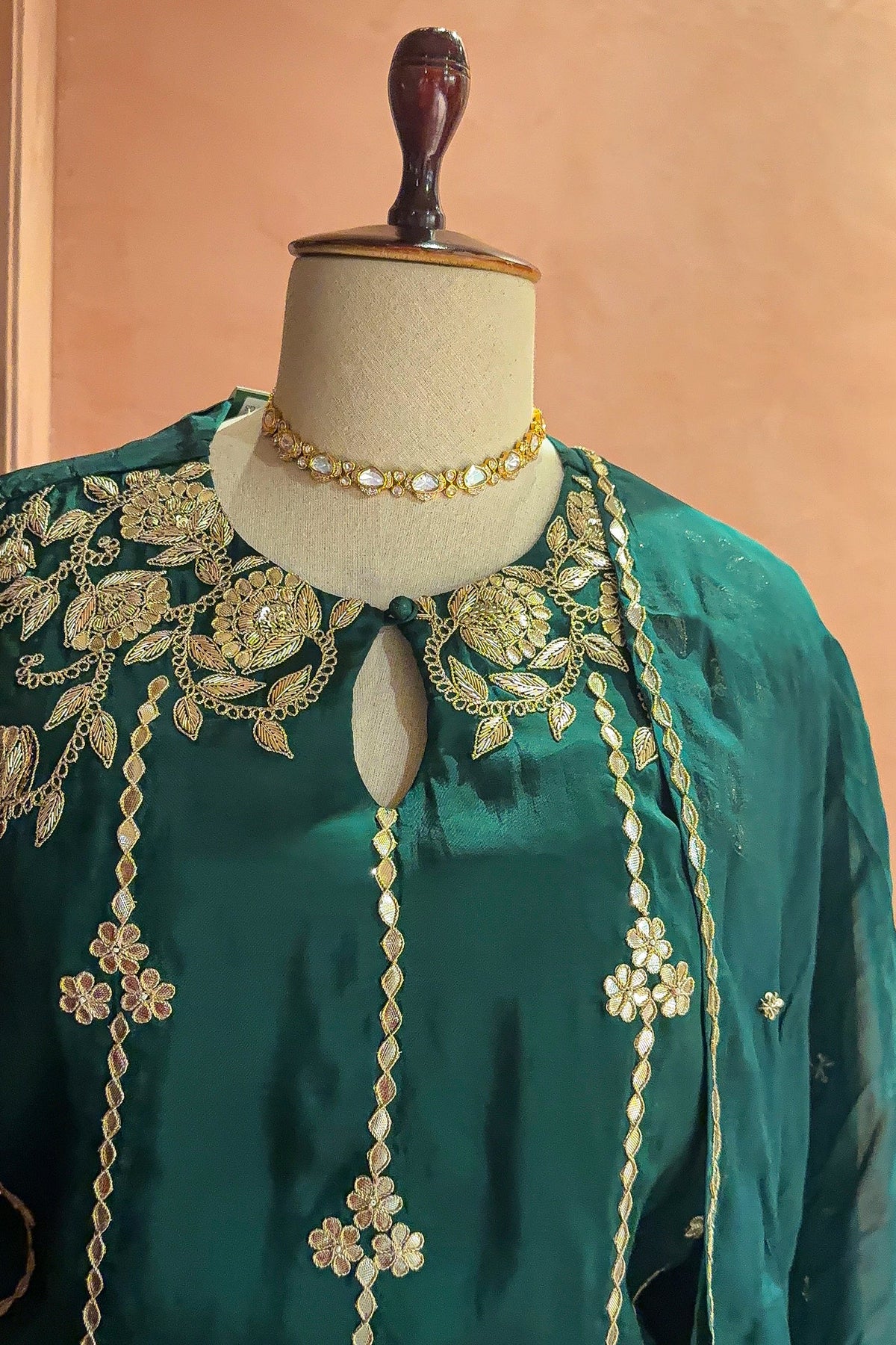 Bottle Green Satin Organza Gota Worked Lehenga Suit - green satin saree