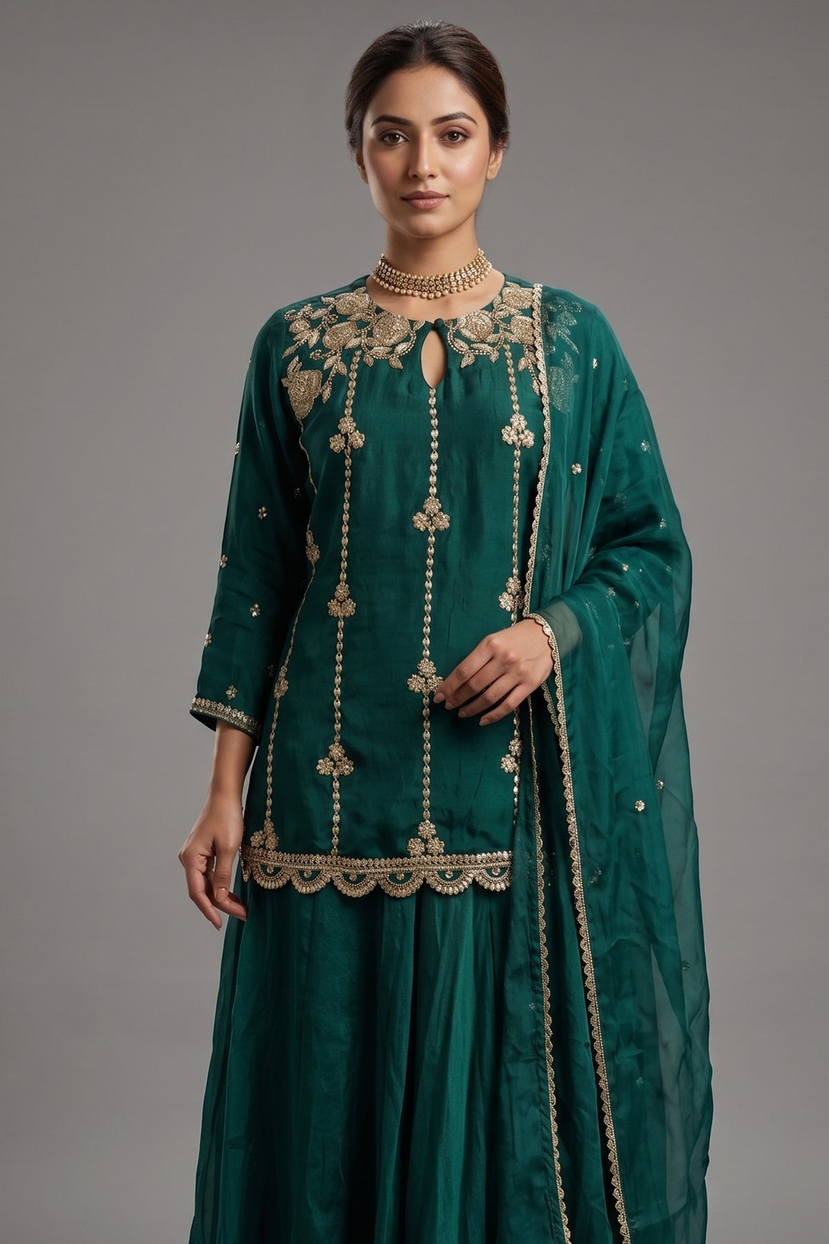 Bottle Green Satin Organza Gota Worked Lehenga Suit - green satin saree