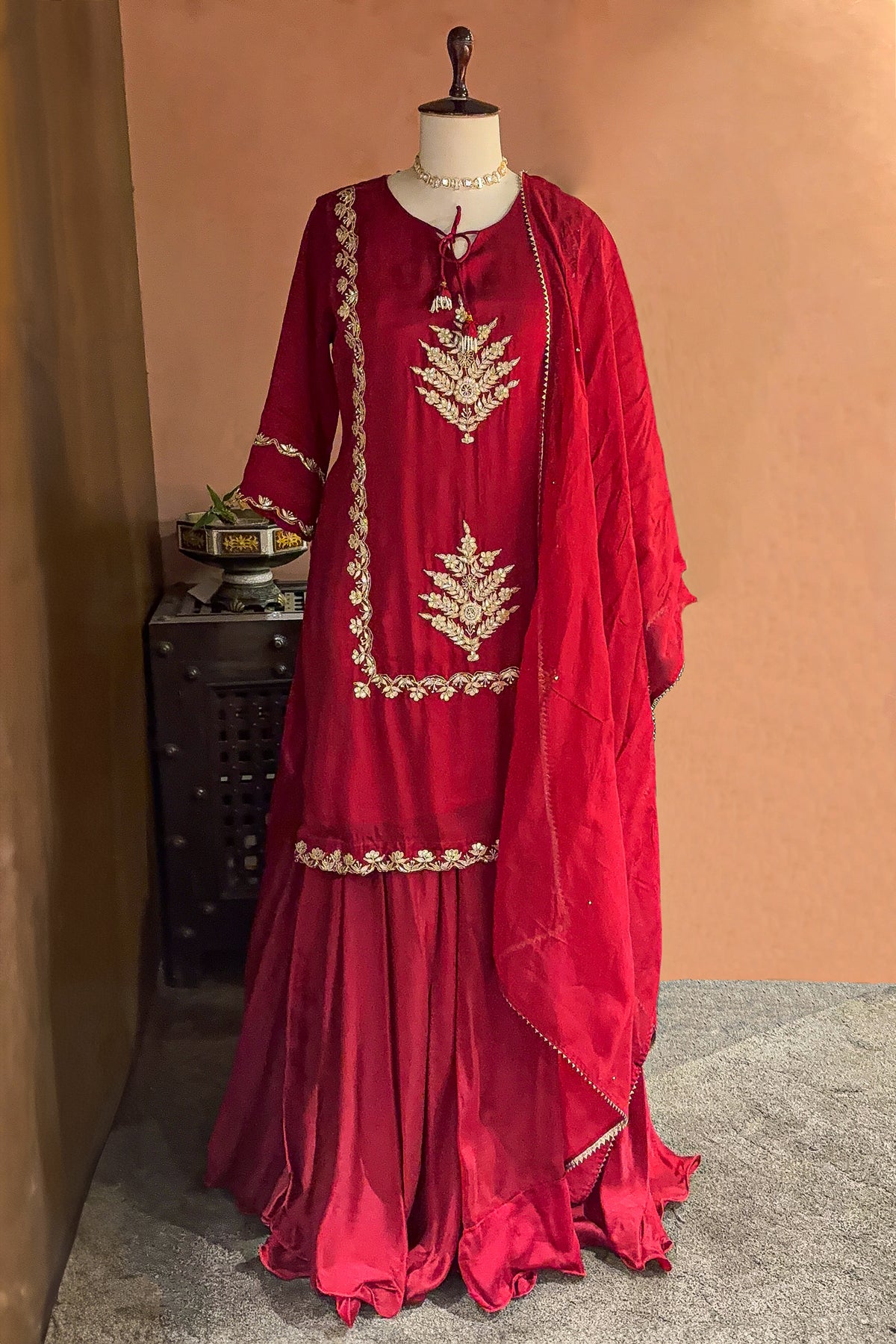 Red Satin Organza Gota Worked Lehenga Suit - red satin saree