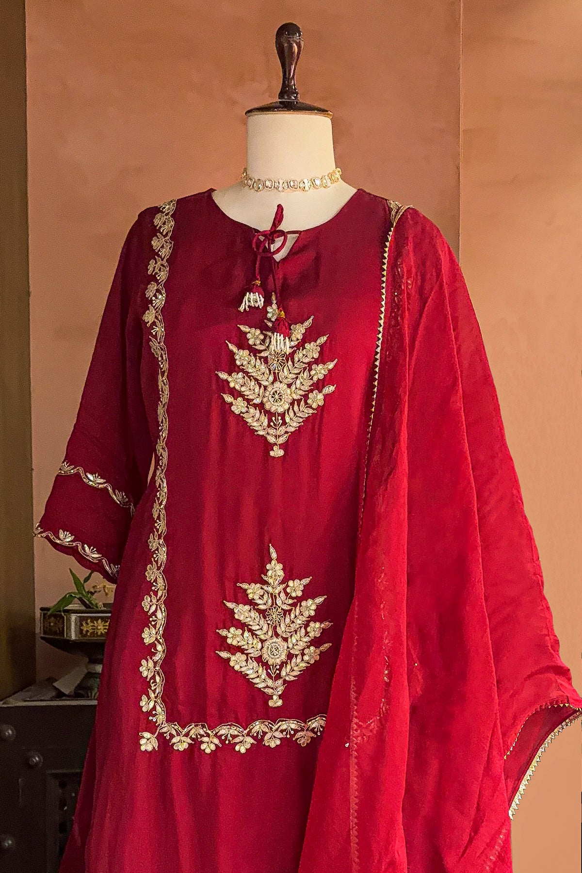 Red Satin Organza Gota Worked Lehenga Suit - red satin saree