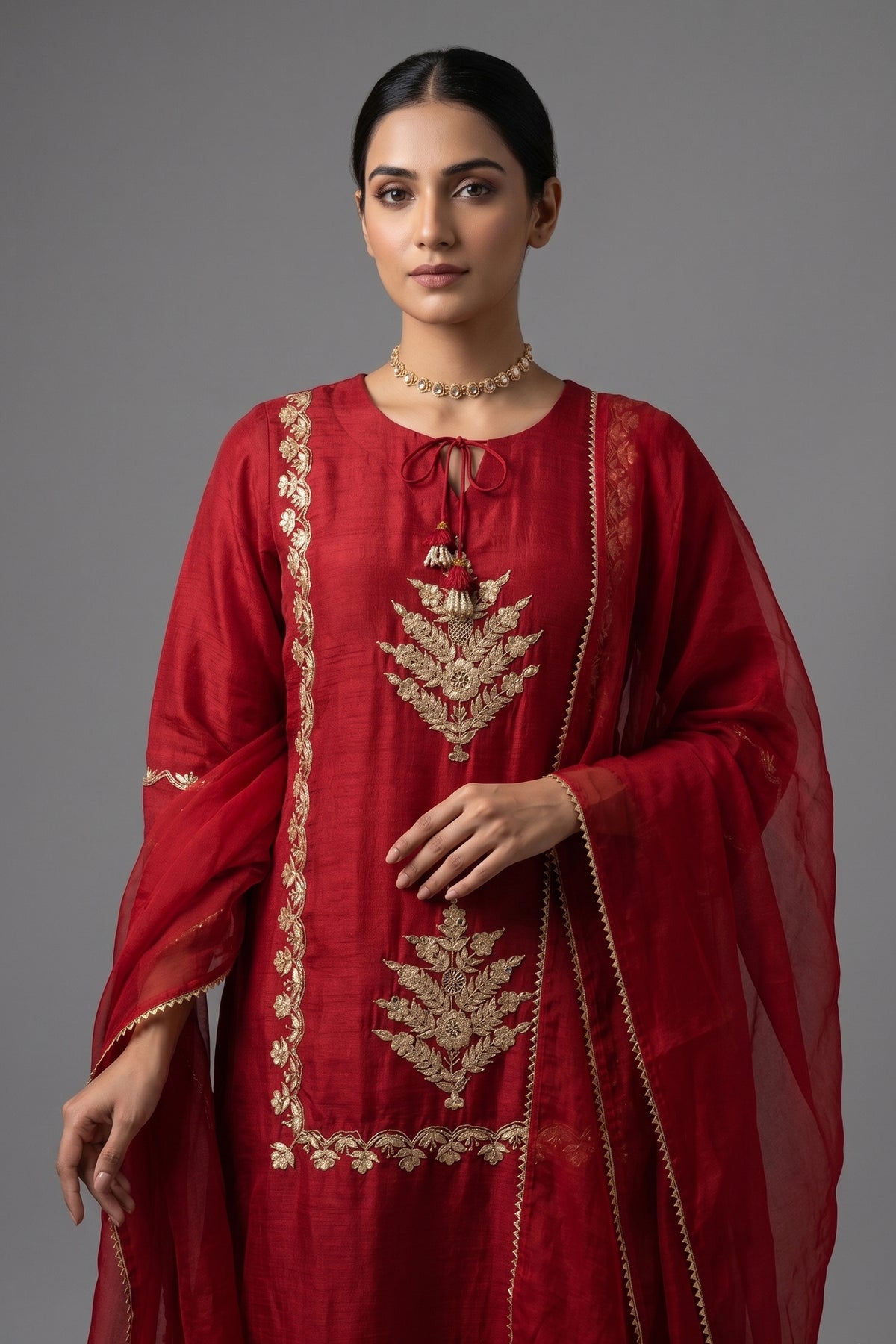 Red Satin Organza Gota Worked Lehenga Suit - red satin saree