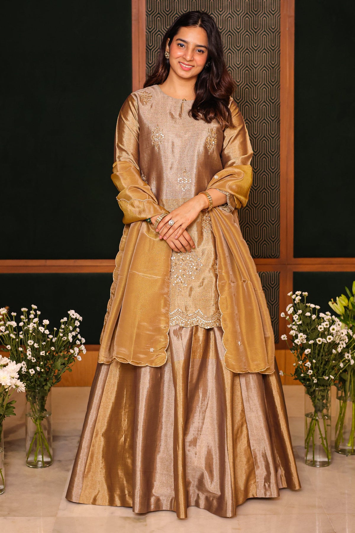 Silver and Golden Tissue Silk Zardosi and Sequin Worked Lehenga Suit - gold silk saree