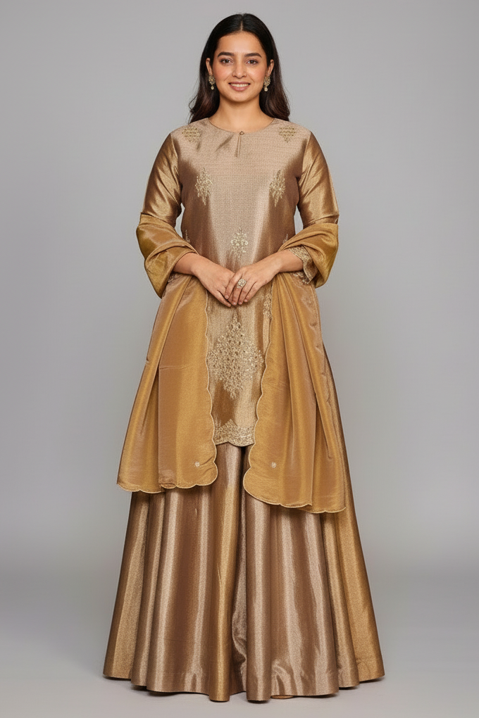 Silver and Golden Tissue Silk Zardosi and Sequin Worked Lehenga Suit - gold silk saree