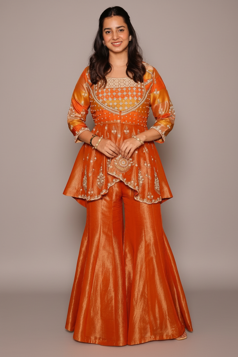 Rust Orange Tissue Indo Western Peplum Sharara Set with Sequin and Beads Work - orange saree