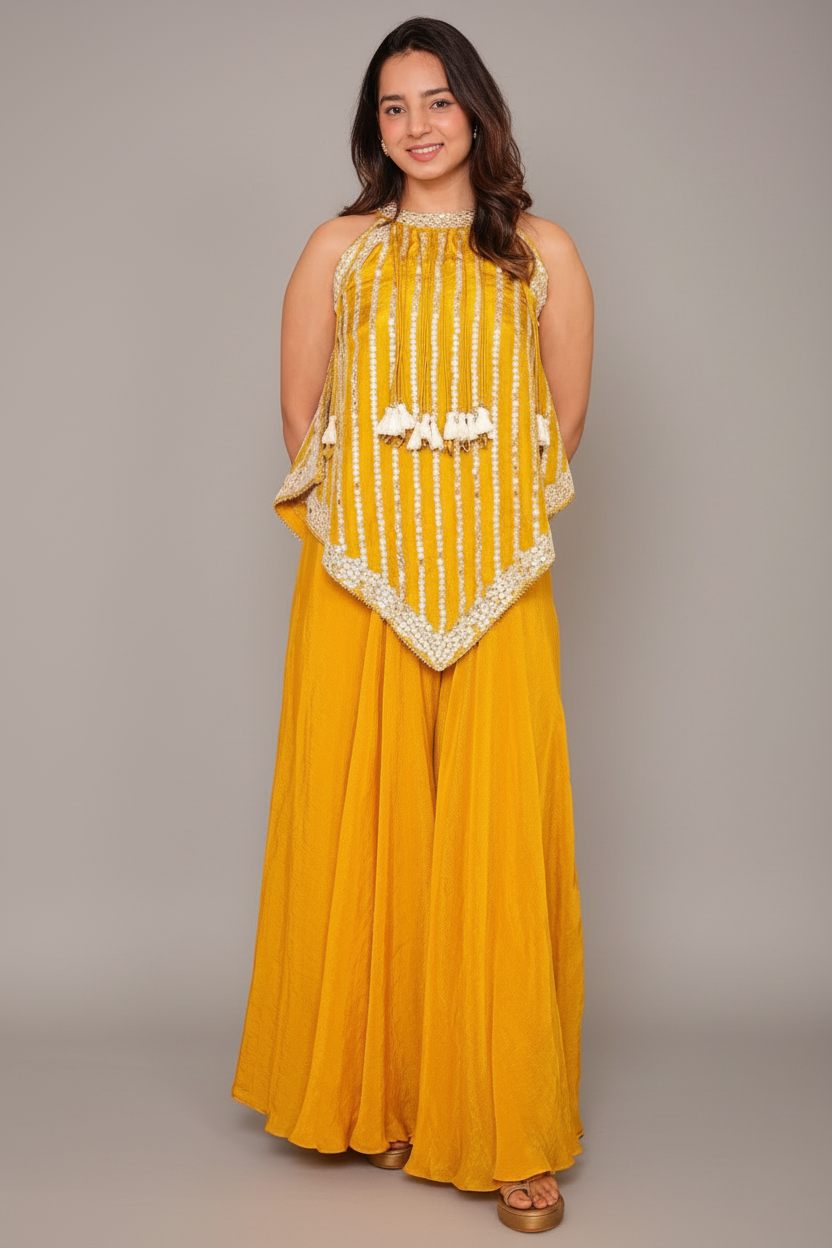 Yellow Tissue Gota and Bead Worked Asymmetric Indo Western Palazzo Set - yellow saree Main image