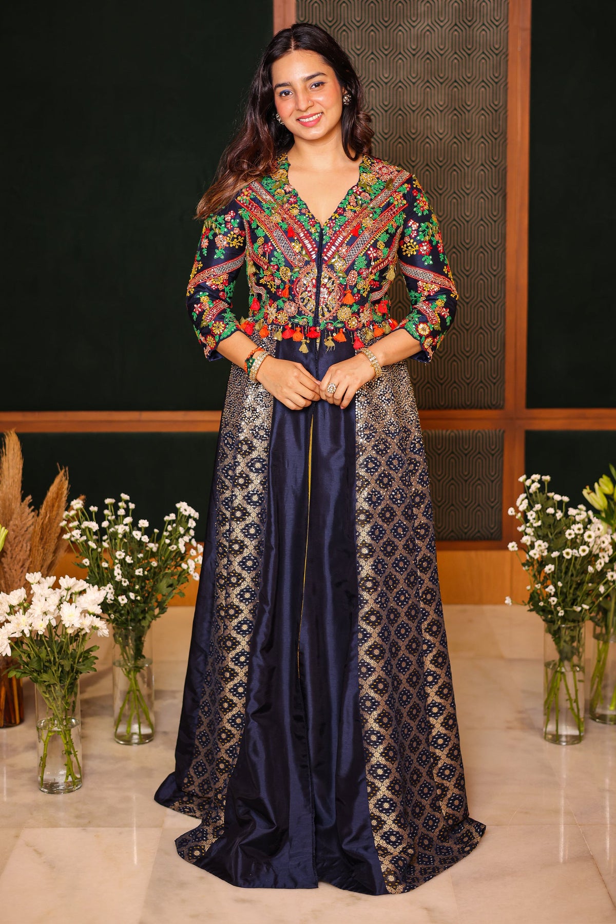 Blue Silk Sequin Embroidered Slit Cut Indo Western Set - red silk saree embroidered
