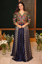 Blue Silk Sequin Embroidered Slit Cut Indo Western Set - red silk saree embroidered