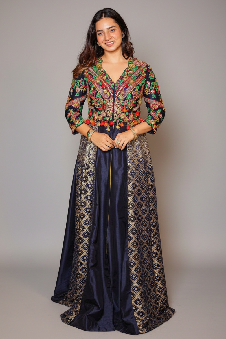 Blue Silk Sequin Embroidered Slit Cut Indo Western Set - red silk saree embroidered