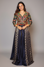 Blue Silk Sequin Embroidered Slit Cut Indo Western Set - red silk saree embroidered