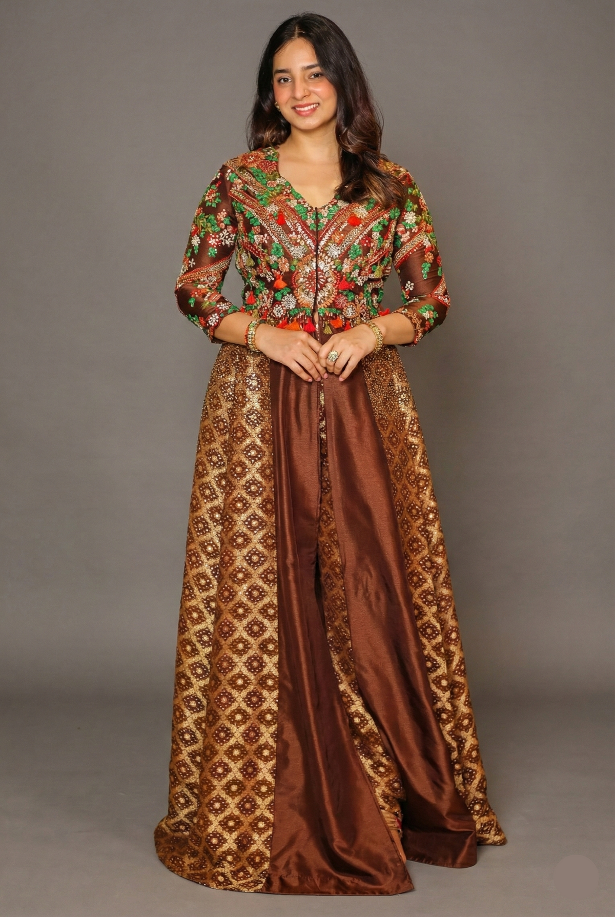 Brown Silk Sequin Embroidered Slit Cut Indo Western Set - red silk saree embroidered