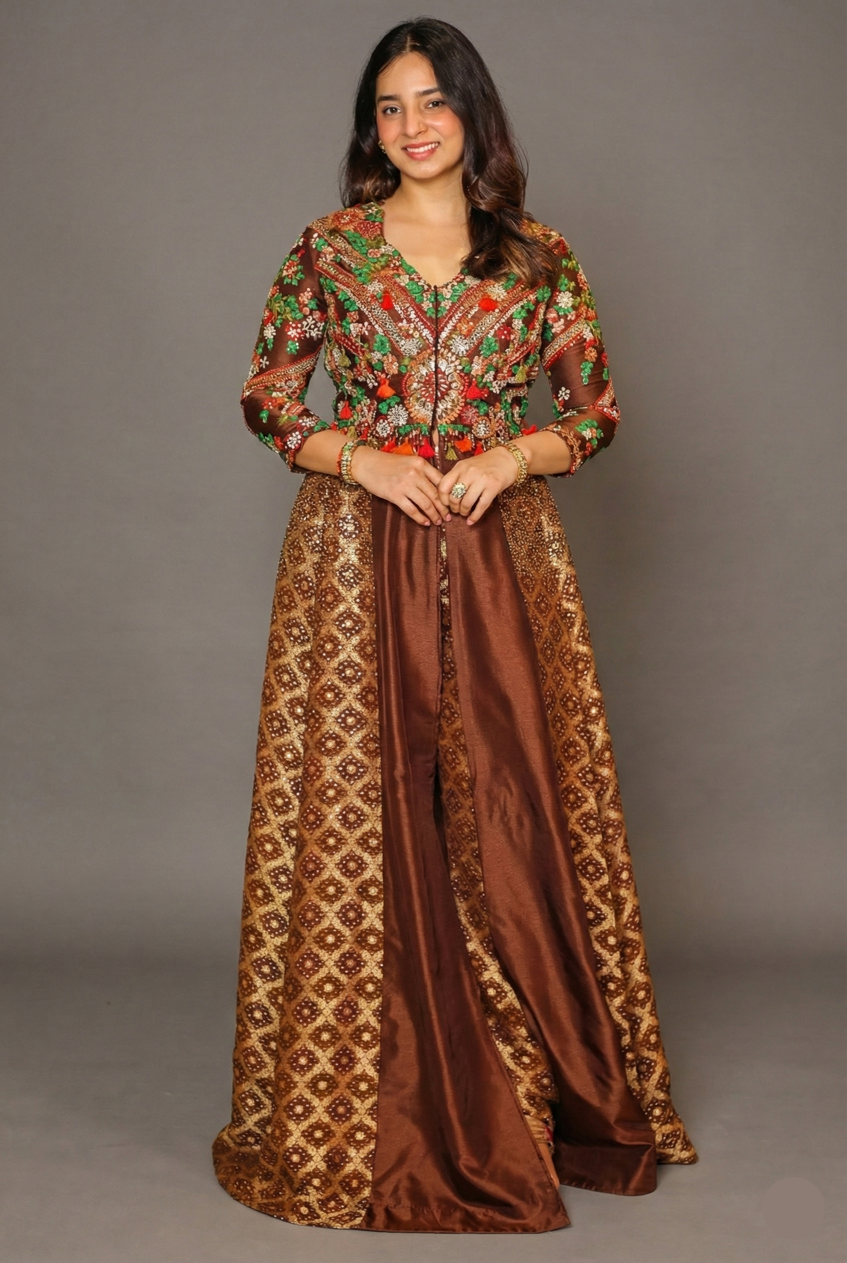 Brown Silk Sequin Embroidered Slit Cut Indo Western Set - red silk saree embroidered