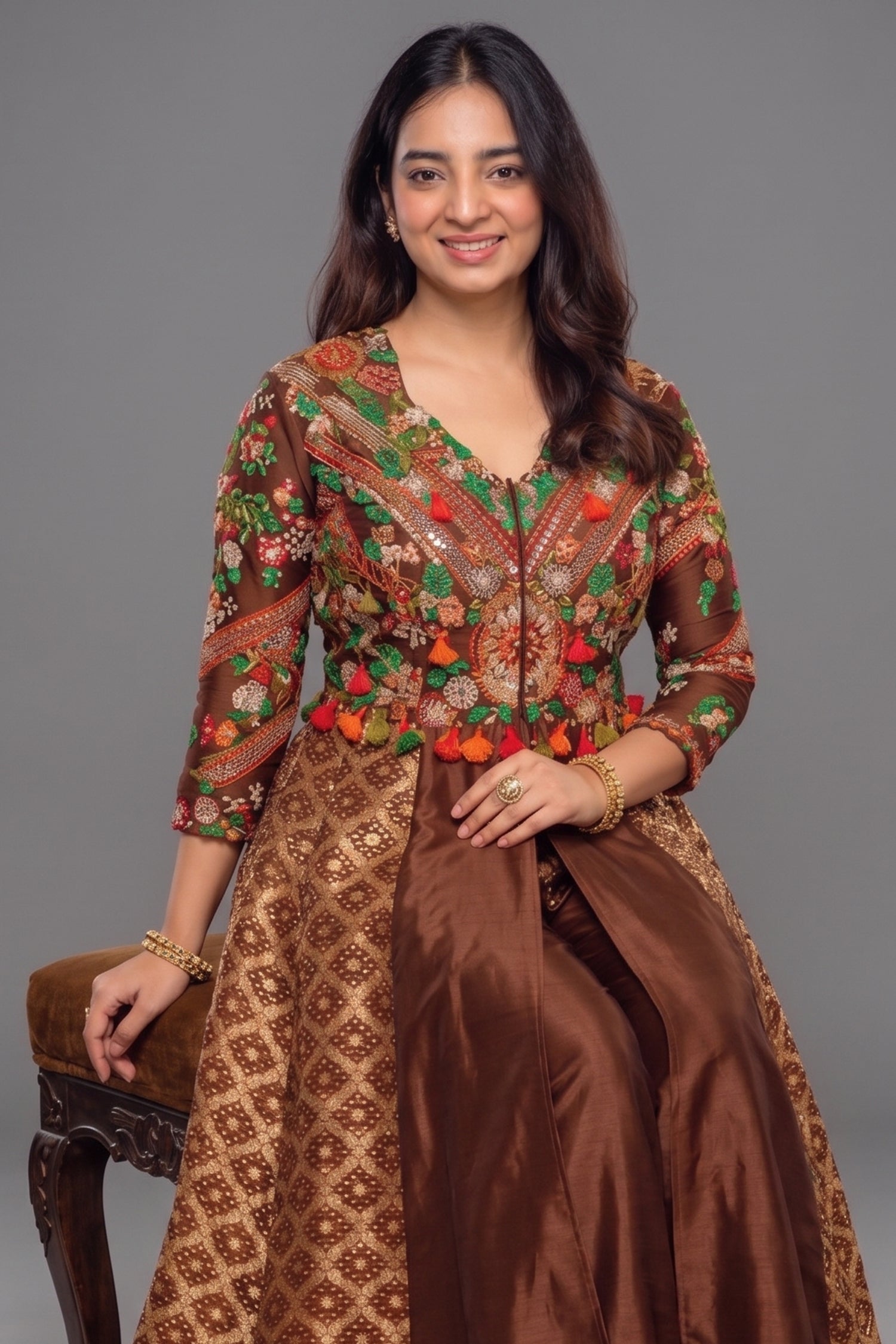 Brown Silk Sequin Embroidered Slit Cut Indo Western Set Secondary image