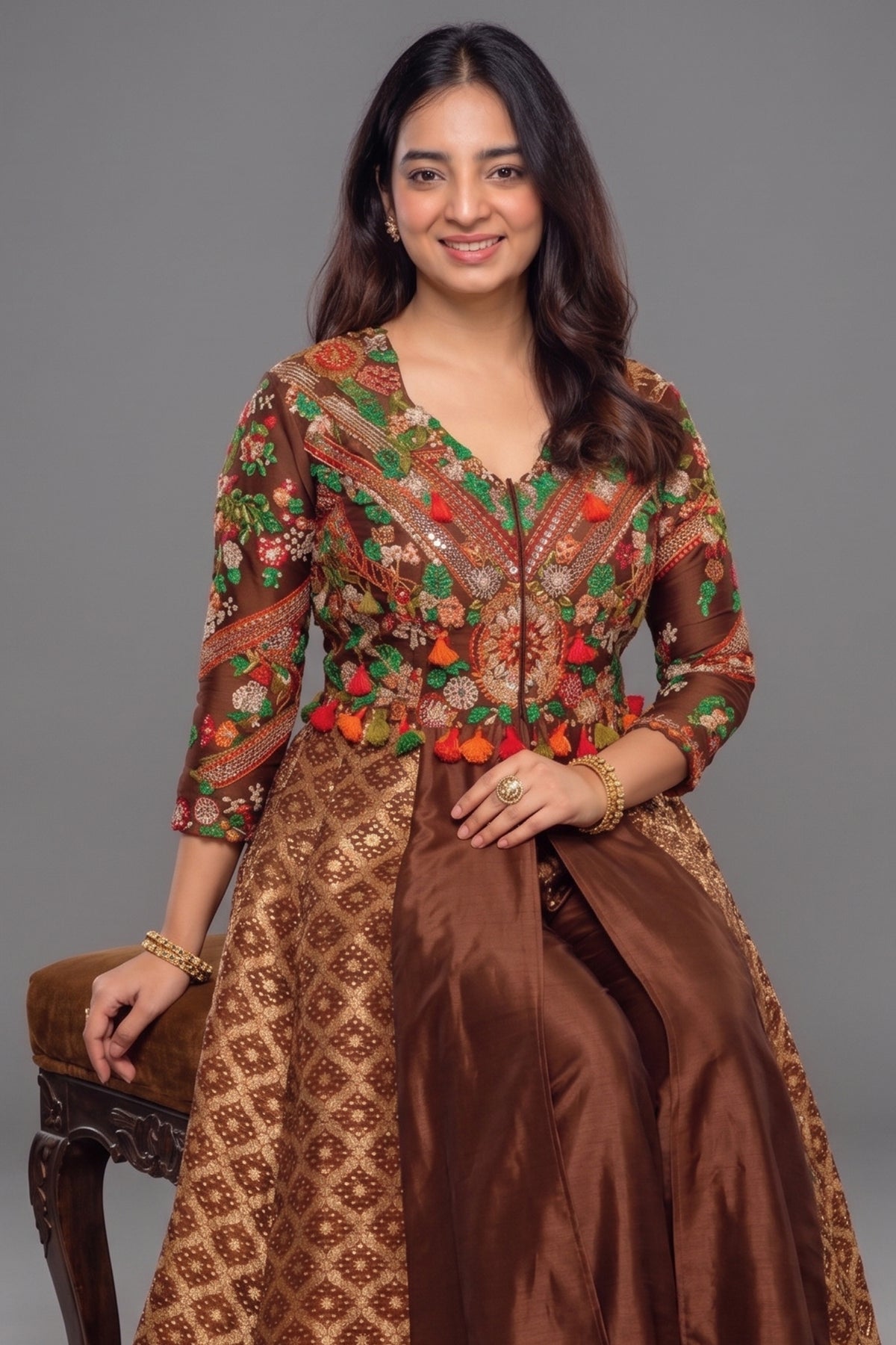 Brown Silk Sequin Embroidered Slit Cut Indo Western Set - red silk saree embroidered