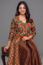 Brown Silk Sequin Embroidered Slit Cut Indo Western Set - red silk saree embroidered
