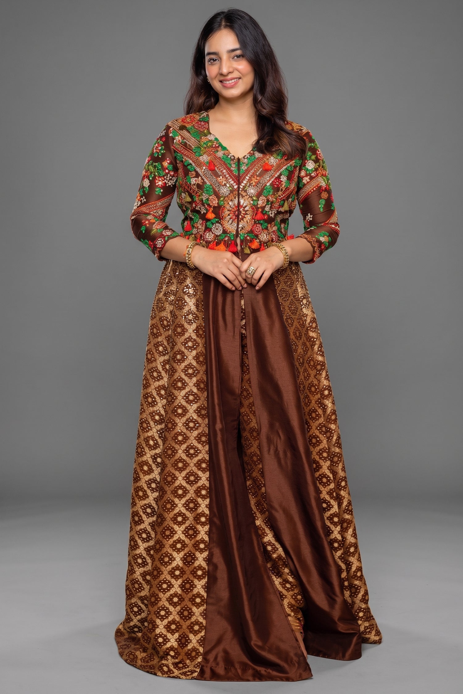 Brown Silk Sequin Embroidered Slit Cut Indo Western Set - red silk saree embroidered