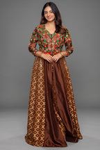 Brown Silk Sequin Embroidered Slit Cut Indo Western Set - red silk saree embroidered