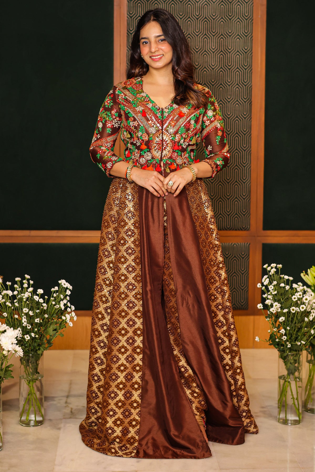 Brown Silk Sequin Embroidered Slit Cut Indo Western Set - red silk saree embroidered