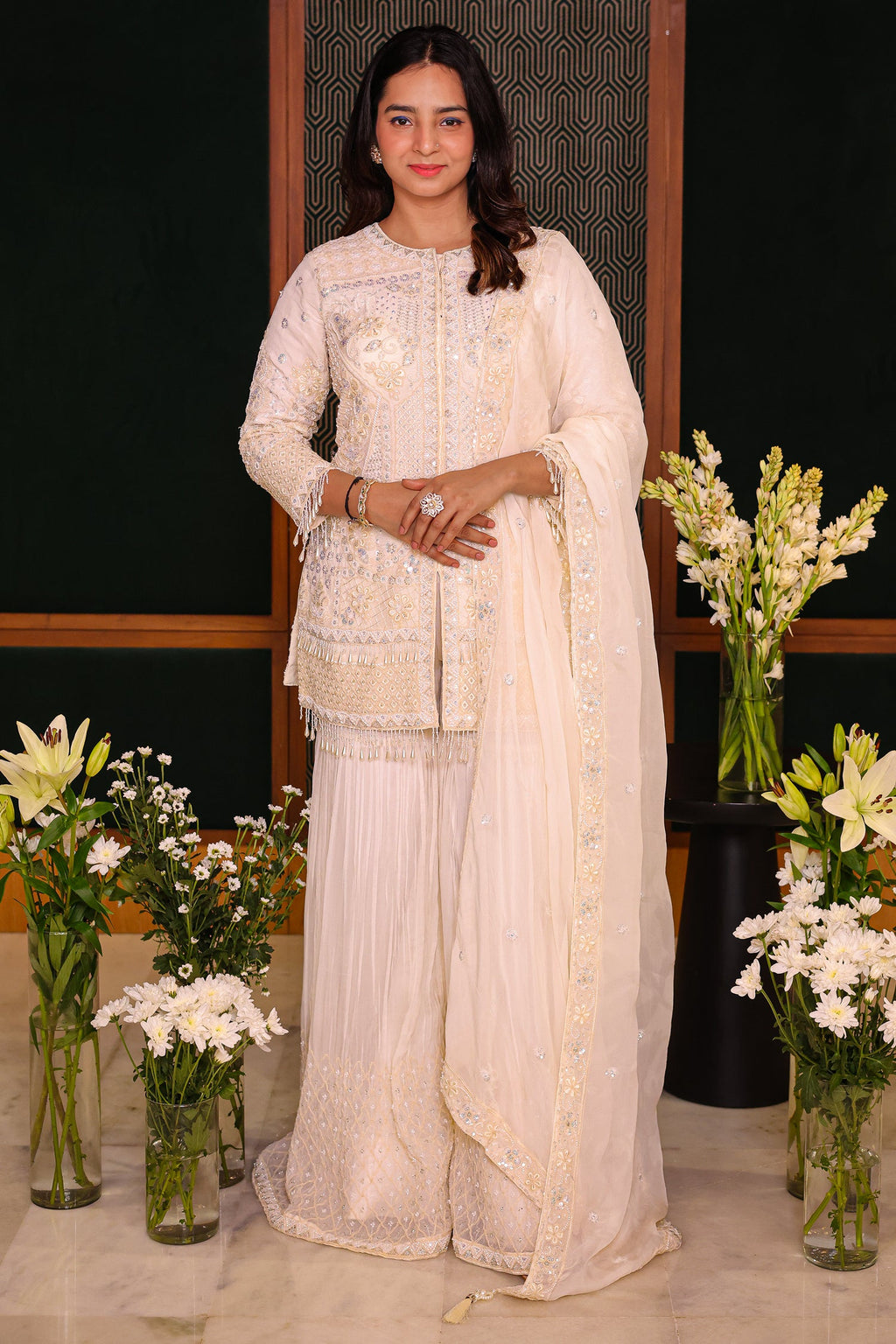 Pearl White Organza Sequinned and Beaded Work Sharara Set - white organza saree