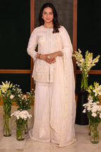 Pearl White Organza Sequinned and Beaded Work Sharara Set - white organza saree