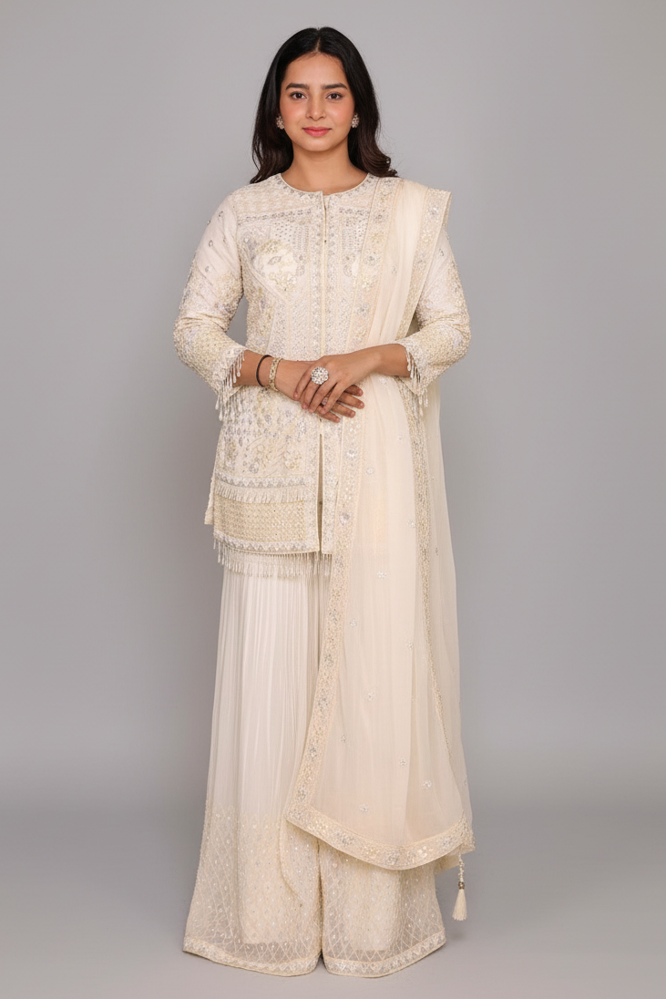 Pearl White Organza Sequinned and Beaded Work Sharara Set - white organza saree