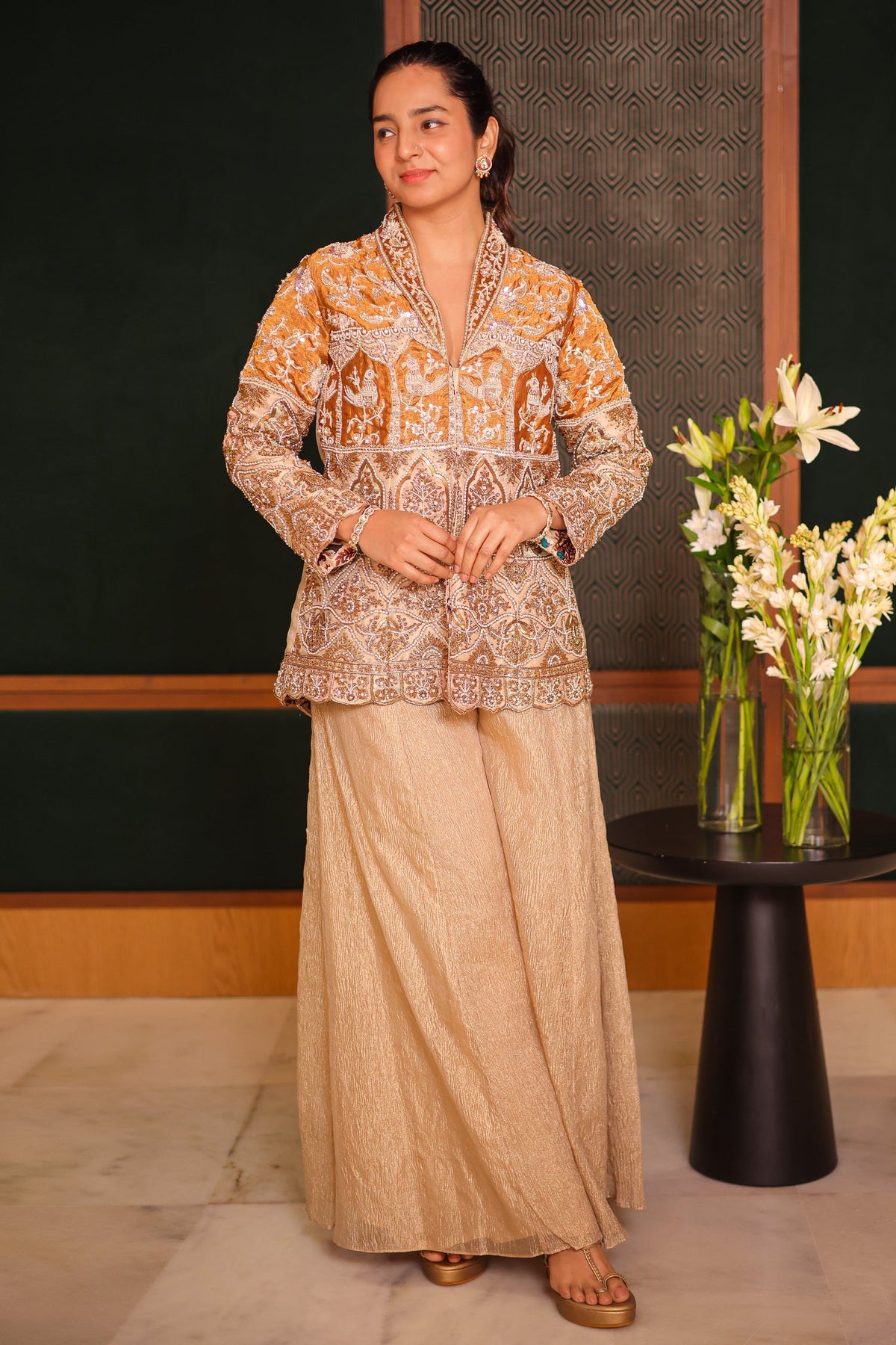 Golden Sequin Beaded Designer Indo Western Set - gold saree